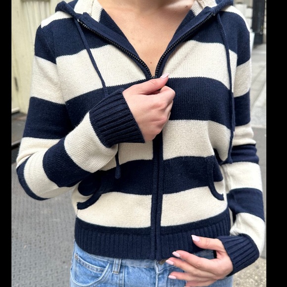 Brandy Melville Tops - Brandy Melville Navy and Cream Striped Hoodie